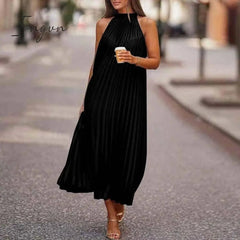 Ingvn - 2023 Fashion Women O Neck Long Dress Spring/Summer Casual Sleeveless Boho Pleated Dresses Lady Elegant Loose Beach Party Dresses