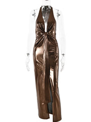 Ingvn Woman Sexy Halter High Waist Backless Long Dress Ladies Elegant Hollow Out Folds Bandage High Slit Party Evening Dresses