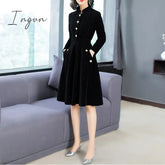 Ingvn - New Autumn And Winter Women European And American Hepburn Style Dress Black Thin Retro Velvet Collar