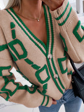 High Contrast Knit Cardigan, V-Neck Button Up Cardigan Sweater, Casual Tops For Fall & Winter, Women's Clothing