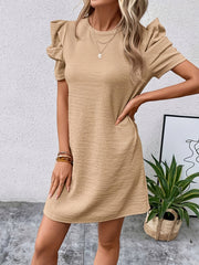 Chic Puff Sleeve Spring & Summer Dress - Women's Elegant Crew Neck Midi, Breathable Comfort for Day-to-Night Sophistication