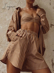 Ingvn - Women Tracksuits Shirt With Mini Shorts Cotton Two Pieces Sets Summer Fashion Clothing Outfits Women Blouses Fashion Tracksuits
