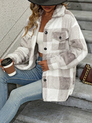 Plaid Fuzzy Fall & Winter Jacket, Casual Button Front Long Sleeve Outerwear, Women's Clothing