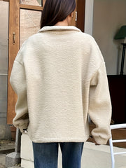 Solid Zip Front Plush Pullover Sweatshirt, Casual Long Sleeve Sweatshirt, Women's Clothing