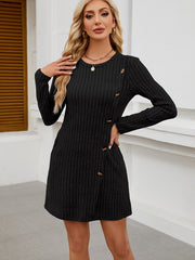 Fall 2024 Women's Sweater Dresses Fashion Buttoned Side Tunic Dresses Long Sleeved Round Neck Mini Slip Skirts with Pockets Dress Fall 2024 Women's Clothing