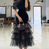 Ingvn - Women Sexy Solid Mesh Rhinestone Sexy Maxi Bodycon Formal Party Black Dresses