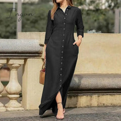 Ingvn - Casual Shirt Dress Women Turn-Down Collar Long Dresses Office Ladies Single Breasted Maxi Dress Party Dresses Vestidos Robe