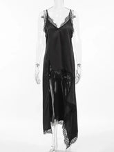 Ingvn Women Sexy V-neck Lace Patchwork Black Dress Y2K Streetwear Fashion Spaghetti Strap Irregular Split Black Long Slip Dresses