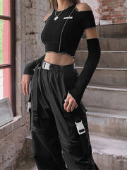 Short Sleeve Off Shoulder Crew Neck Slim Fit T-Shirt - Soft Medium Stretch Polyester Fabric, Loose Fit, No Printing, Solid Color, Pullover Style - Perfect for Young Womens Casual Summer Fashion