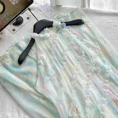 New 2025 Jasmine Green 2.0 Summer Fairy Sweet Slimming Waist Long Dress Design Sense Skirt Polyester Fiber round Neckline Ankle-