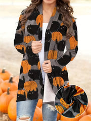 Halloween Pumpkin Pattern Cardigan, Casual Open Front Long Sleeve Cardigan For Spring & Fall, Women's Clothing