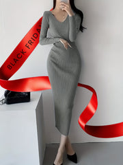 Solid Color Ribbed Long Sleeve Dress, Casual Knitted V Neck Dress For Spring & Fall, Women's Clothing