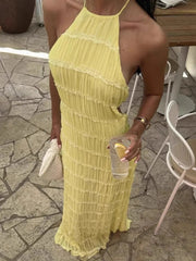 Halter Backless Sexy Maxi Dress For Women Spring Summer New Lace-up Sleeveless Pleated Beach Holiday Long Dress Elegant