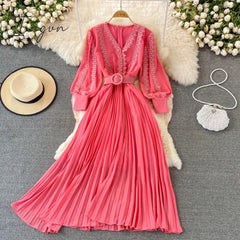 Ingvn - Red/Yellow/Black Embroidered Pleated Long Dress Vintage V-Neck Lantern Long Sleeve High Waist Draped Maxi Vestidos Female