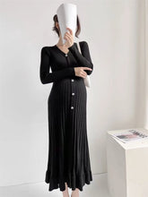 Solid Knitted Dresses for Women Autumn Long Sleeves V-neck Single Breasted Pleated Ruffles Casual Korean Fashion Female Clothing