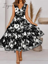 Ingvn - Women's Two Piece Dress Set Casual Dress Chiffon Dress Outdoor Daily Fashion Elegant Print Midi Dress V Neck Half Sleeve Floral Regular Fit Black Pink Gray Summer Spring S M L XL XXL