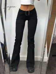 Ingvn - 2023 Spring Womens Fashion Goth Dark Y2k E-girl Striped Print Gothic Suit Pants Black Slim High Waist Zipper Front Trousers Women Autumn Fashion Streetwear