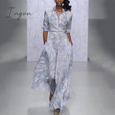 Ingvn - New Women Slim Fit High Waist Dress With Sashes Summer Printing Long Sleeve Button Dress Elegant Female Streetwear Casual Dress