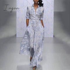 Ingvn - New Women Slim Fit High Waist Dress With Sashes Summer Printing Long Sleeve Button Dress Elegant Female Streetwear Casual Dress