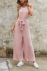 Ingvn - Ribbed Scoop Neck Tie Waist Sleeveless Jumpsuit