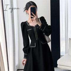 Ingvn - Fashion Black Dress Women Autumn Long Sleeve Mididress Ladies Square Neck French Retro Skinny Slim Elegant Evening Dresses
