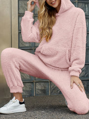 Solid Teddy Two-piece Set, Long Sleeve Kangaroo Pocket Hooded Tops & Long Length Warm Pants Outfits, Women's Clothing