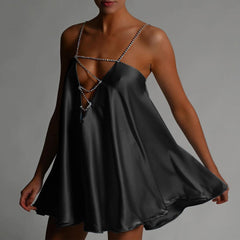 Diamante Chain Satin Low Back Swing Dress With Iridescent Crystal Straps and Neck Sexy Celebrity Party Elegant Women Dress