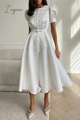 Ingvn - Elegant Solid Buckle O Neck A Line Short Sleeve Dress(5 Colors)