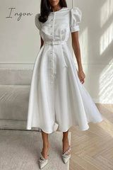 Ingvn - Elegant Solid Buckle O Neck A Line Short Sleeve Dress(5 Colors)