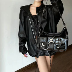 Ingvn Y2k Womens Shoulder Bag Harajuku Fashion Gothic Casual Black Chains Handbag Hot Girls Pu Leather Ladies Motorcycle Bag Sac