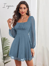 Ingvn - Ruched Bust Lantern Sleeve Swiss Dot Chiffon Dress