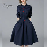 Ingvn - Elegant single-breasted shirt dress women fashion long-sleeved button office ladies shirts tunic dress female women dress