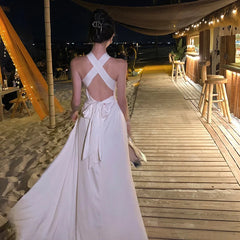 Elegant Party White Satin Long Dresses for Women Summer New Sexy Sleeveless Birthday Backless Bandage Female Clothing Robe