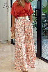 Ingvn - Fashion Print Split Joint V Neck Short Sleeve Two Pieces(4 colors)