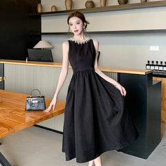 Elegant Black Midi Dress for Women Summer New Fashion Sleeveless A-line Pleated Solid Office Casual Korean Female Clothing