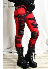 Ingvn - Women's cool ultra gathered pants Halloween gothic rocker distressed punk tie leggings gray black red s m l xl xxl