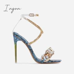 Ingvn - Noble Gold Chain Large Crystal High Heel Sandals