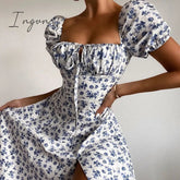 Ingvn - Floral Print Dress Sweet Square Neck Puff Sleeve Side Spilt Drawstring Maxi Dresses for Women Party Chic Casual Outfits