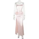 Fashion Strapless Satin Birthday Party Dresses for Women Pink Sleeveless Backless Folds Long Evening Dress Lady Split Prom Gowns
