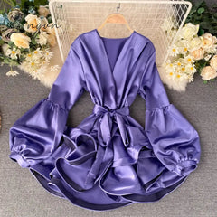 Ingvn - White Party Evening Dress for New Year Women Satin Silk Mini Long Lantern Sleeve Elegant Short Casual Dresses