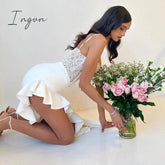 Ingvn - Summer Lace Corset Splice Ruffle Slit Maxi Dresses Party Club Elegant Birthday Sexy Backless Dresses Gown Outfits