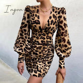 Ingvn - Women Sexy Deep V Neck Floral Print Long Lantern Sleeve Ruched Dress Summer Elegant Female Bodycon Party Dress Vestido