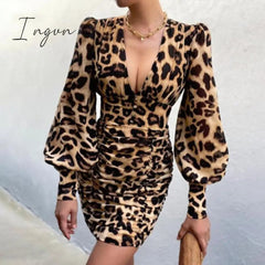 Ingvn - Women Sexy Deep V Neck Floral Print Long Lantern Sleeve Ruched Dress Summer Elegant Female Bodycon Party Dress Vestido