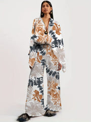 Two-piece Set, Long Sleeve Ethnic Print High Waist Wide Leg Pants Outfits, Button Front Blouse Women's Clothing