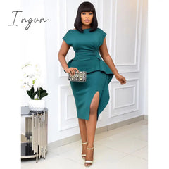 Ingvn - Sexy Bodycon Short Sleeve Dresses Split Package Hip Solid Event Party Dress Fashion Office Ladies African Femal Plus Size