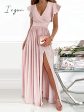Ingvn - Female Short Butterfly Sleeve Split Fork Party Dress Solid Slim V Neck High Waist Dress Women Casual Summer Maxi Dress Vestidos