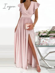 Ingvn - Female Short Butterfly Sleeve Split Fork Party Dress Solid Slim V Neck High Waist Dress Women Casual Summer Maxi Dress Vestidos