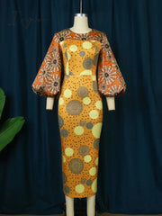 Ingvn - African Women Sun Flower Printed Long Dresses O Neck Lantern Sleeve High Waist Sheath Gowns 4XL for Wedding Guest Church Outfits