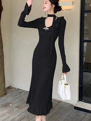 Vintage Solid Knitted Dresses for Women Elegant Bodycon Chic Flare Sleeves Ruffles Casual Female One Piece Office Vestidos Robe
