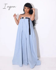 Ingvn - Women Strapless with Belt Straight Wide Leg Loose Skirt Style Jumpsuit 2023 Vintage Street INS Playsuit One Piece Set